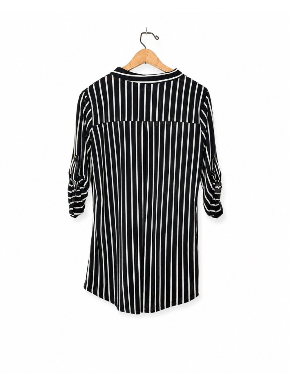 Black & White Striped Zip-Front Blouse With Roll-Tab Sleeves Collared Design And - Picture 3 of 3